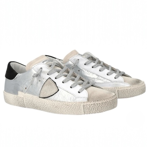 Philippe Model Paris Prsx Low Top Metallic Silver Leather Women's Sneaker Size 8 - Picture 2 of 15